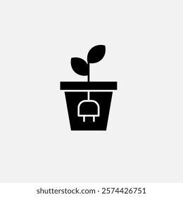 Plug and sprout in a pot icon glyph, free energy, ecology, renewable and green energy concept. Solid black icon.