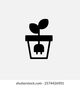 Plug and sprout in a pot icon semi solid, free energy, ecology, renewable and green energy concept. Glyph icon.