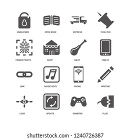 Plug, Tablet, Meat, Look, Writing, Unblocked, Finger Prints, Link, Gamepad, Update, Express icon 16 set EPS 10 vector format. Icons optimized for both large and small resolutions.