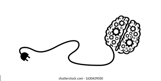 Plug or unplug. cogwheels chaos brain. Cogwheel, gear mechanism settings tools. Fun drawing vector gears person icon or sign. Service cog brain pattern or template banner. Lamp idea, think big ideas.