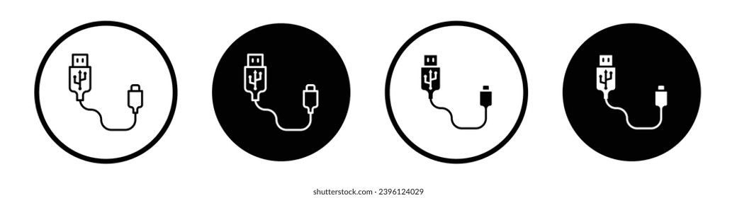 Plug USB cable icon set. computer data transfer code vector symbol. charger wire cord icon in black filled and outlined