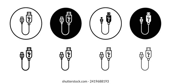 Colección de conjunto de iconos del vector del cable USB Plug. Icono plano de contorno de cable USB enchufable.