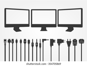 Plug Wire Cable icon Computer . Computer display  monitor isolated on white background . Vector illustration eps10