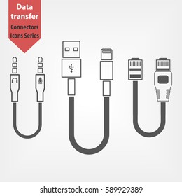 Plug Wire Cable icons Set. TRS audio jack, usb, lightning and ethernet connectors vector illustration