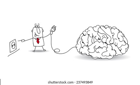 Plug your brain. Joe, the businessman plugs a brain. It's a metaphor about to find ideas and about reflexion