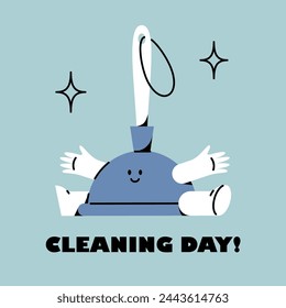 The plugging plunger is smiling. Funny cute character. Cleaning day sticker.