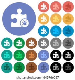Plugin bug multi colored flat icons on round backgrounds. Included white, light and dark icon variations for hover and active status effects, and bonus shades on black backgounds.