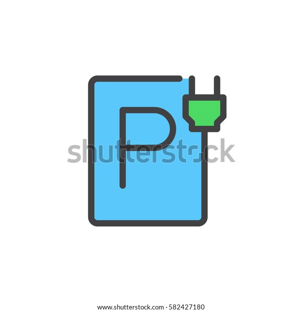 Plug-in charger, Electric car parking line\
icon, filled outline vector sign, linear colorful pictogram\
isolated on white. Symbol, logo\
illustration