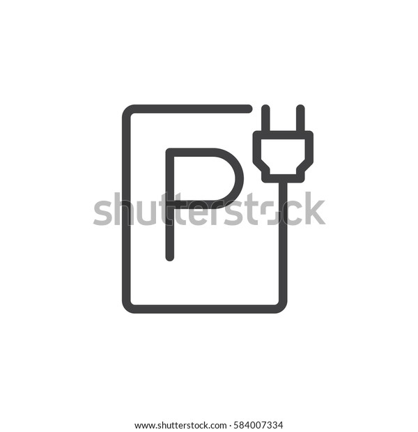 Plug-in charger, Electric car parking line\
icon, outline vector sign, linear style pictogram isolated on\
white. Symbol, logo\
illustration