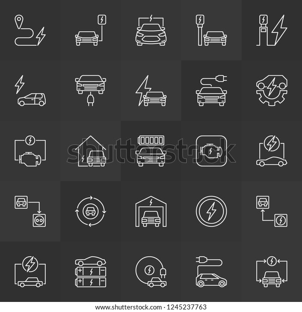 Plug-in electric automobile simple vector
icons. EV charging station and Electric Car concept outline signs
on dark background