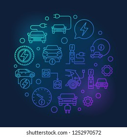 Plug-in electric vehicle circular vector blue bright illustration in outline style on dark background