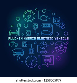 Plug-in Electric Vehicle round vector colorful illustration in thin line style on dark background