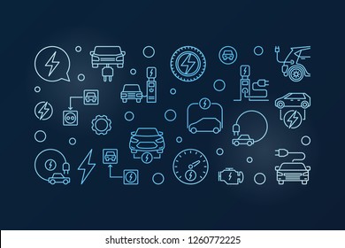 Plug-in electric vehicle vector blue outline horizontal illustration or banner on dark background