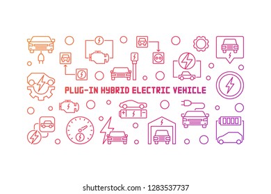 Plug-in electric vehicle vector colorful horizontal illustration in thin line style. EV concept linear banner on white background
