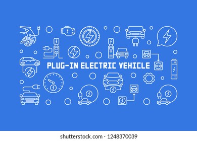 Plug-in electric vehicle vector outline horizontal illustration or banner on blue background
