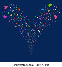 Plugin fireworks stream. Vector illustration style is flat bright multicolored iconic symbols on a blue background. Object double fountain constructed from random pictograms.