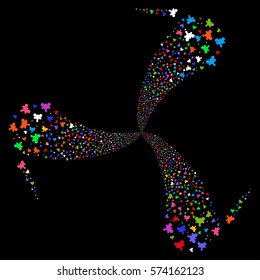 Plugin fireworks swirl rotation. Vector illustration style is flat bright multicolored iconic symbols on a black background. Object whirlpool made from random design elements.