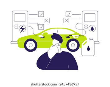 Ilustración vectorial de concepto abstracto híbrido enchufable del coche. El hombre elige entre el coche de carga con batería o combustible, vehículo híbrido, industria de la ecología, transporte urbano sostenible metáfora abstracta.