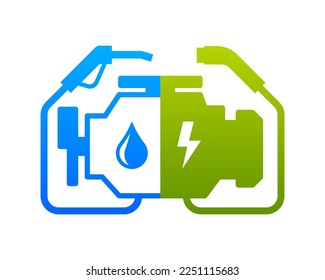 Plug-in hybrid electric vehicle engine vector symbol. PHEV car, half section part of electric energy and fuel engine sign. Vector illustration.