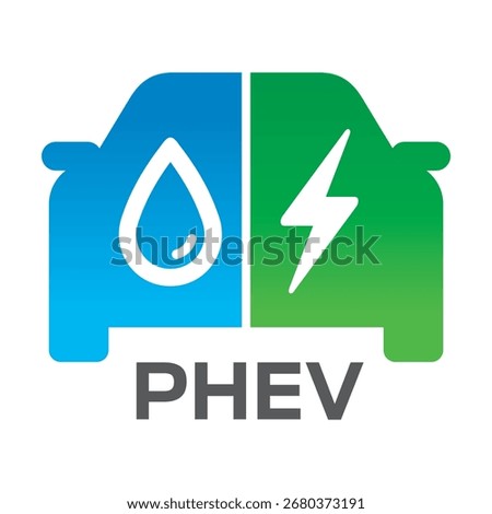 Plug-in hybrid electric vehicle icon (PHEV car), Half section part of Electric energy and fuel engine, Vector illustration