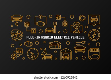 Plug-in hybrid electric vehicle vector horizontal illustration in thin line style. EV concept yellow linear banner 