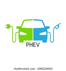 Plug-in Hybrid Electric Vehicles Icon (PHEV Car), Half Section Part Of Electric Energy And Fuel Engine, Vector Illustration