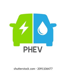 Plug-in Hybrid Electric Vehicles Icon (PHEV Car), Half Section Part Of Electric Energy And Fuel Engine, Vector Illustration