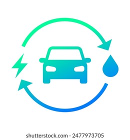 Plug-in hybrid electric vehicles icon (PHEV car), with recycling rotation arrow, Half section part of electric energy and fuel engine renewable loop, Vector illustration