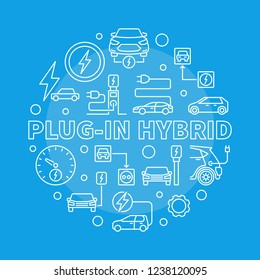 Plug-in Hybrid round vector illustration in thin line style on dark background