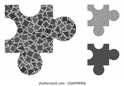 Plugin mosaic of humpy pieces in variable sizes and color tints, based on plugin icon. Vector irregular pieces are composed into mosaic. Plugin icons collage with dotted pattern.