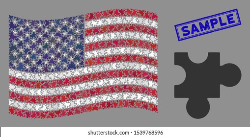 Plugin pictograms are combined into American flag collage with blue rectangle grunge stamp seal of Sample phrase. Vector collage of American waving state flag is created of plugin elements.