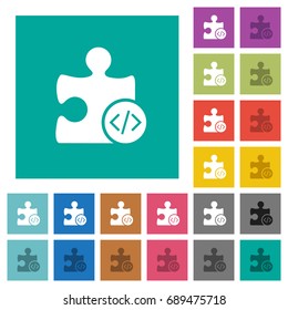 Plugin programming multi colored flat icons on plain square backgrounds. Included white and darker icon variations for hover or active effects.