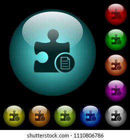 Plugin properties icons in color illuminated spherical glass buttons on black background. Can be used to black or dark templates