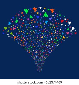 Plugin salute stream. Vector illustration style is flat bright multicolored iconic symbols on a blue background. Object stream fountain organized from random icons.