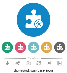 Plugin tools flat white icons on round color backgrounds. 6 bonus icons included.