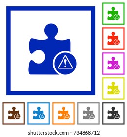 Plugin warning flat color icons in square frames on white background