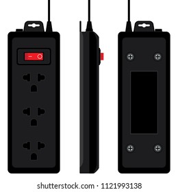 Plugs In front view, side view, rear view on a white background. Black three plugs.