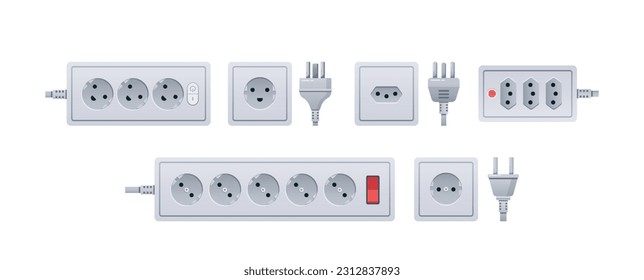 Plugs and Socket Types. Uk, Us, Eu, Au, Universal, Three-pin, Two-pin Round Adapters. Connection Power Appliances Set