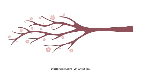 Plum, apple tree branch with flowers illustration. Hand drawn cartoon vector, isolated. Flat style design. Traditional Asian holiday Lunar New Year element, plant, floral, bloom, blossom.