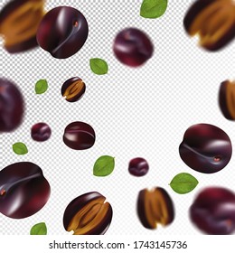 Plum background. Flying plum with green leaf on transparent background. 3D realistic fruits. Falling plum are whole and cut in half. Vector illustration.