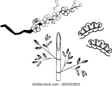 Japanese　Pine, plum, bamboo.
Simple line art