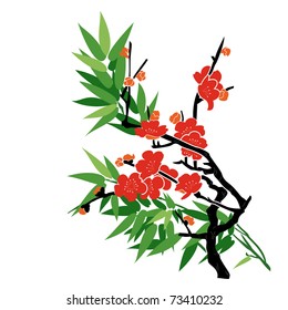 Plum Blossom and Bamboo - Chinese Painting Vector Background.