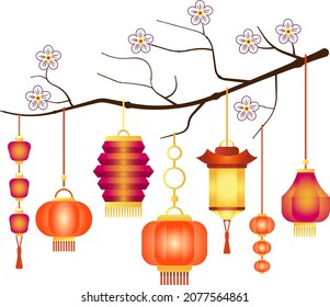 A plum blossom branch with red paper Chinese lanterns hanging on it. Vector illustration.