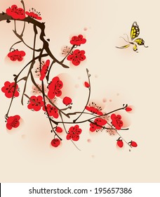 Plum blossom and butterfly, vectorized brush painting.