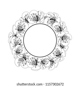 Plum Blossom Flower Banner Wreath Outline isolated on White Background. Vector Illustration.