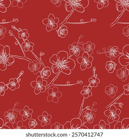 Plum blossom, sakura in red background. Seamless and vector. Free hand. Drawn.