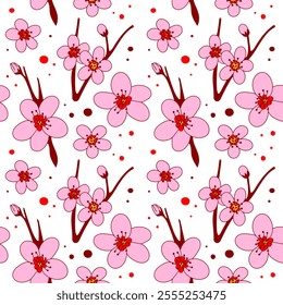 Plum Blossom Seamless Pattern. Japanese, Chinese, Eastern style, Lunar New Year, endless ornament. Pink flowers on a white background. Wallpapers, backgrounds, print, textile, packaging, papers