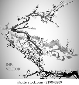 Plum Blossom. Vector illustration. Traditional Chinese Painting. 