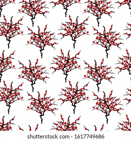 Plum blossoms background. Plum tree pattern background. Oriental painting in Chinese, Japanese style. Great for wallpaper, gifts,  textile, silk, packaging design.