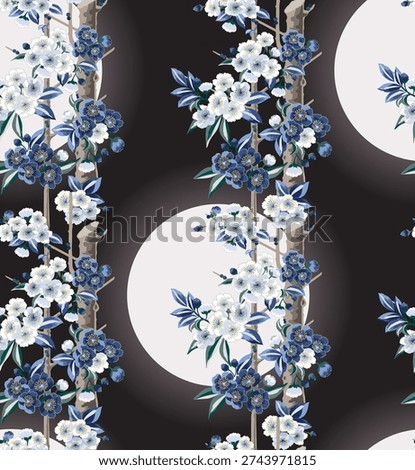 Plum blossoms in full bloom on branches. Vector illustration of a seamless pattern